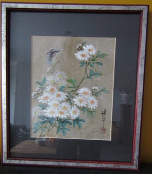 Niet of onleesbaar gesigneerd - Handpainted flower + butterfly kopen? Bied vanaf 1!