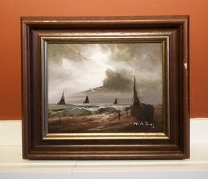 Niet of onleesbaar gesigneerd - Hollandse School - de Rooy?? - Katwijkse tjalken aan de kust - Zeegezicht kopen? Bied vanaf 10!