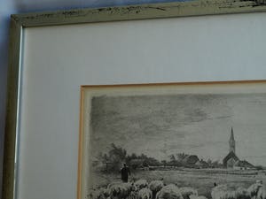 Maarten Langbroek - Ingelijste ets, Voorjaar op Texel – ca. 1970 kopen? Bied vanaf 35!