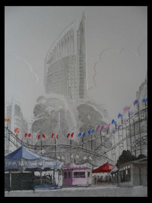 Wim Bettenhausen - Ingekleurde ets in preegdruk. Titel, "kermis aan het Malieveld". kopen? Bied vanaf 70!