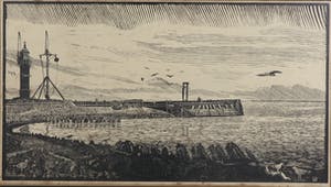 Dirk Hidde Nijland - Gravure, Seinpost en Vuurtoren waarschijnlijk Hoek van Holland - Ingelijst kopen? Bied vanaf 1!