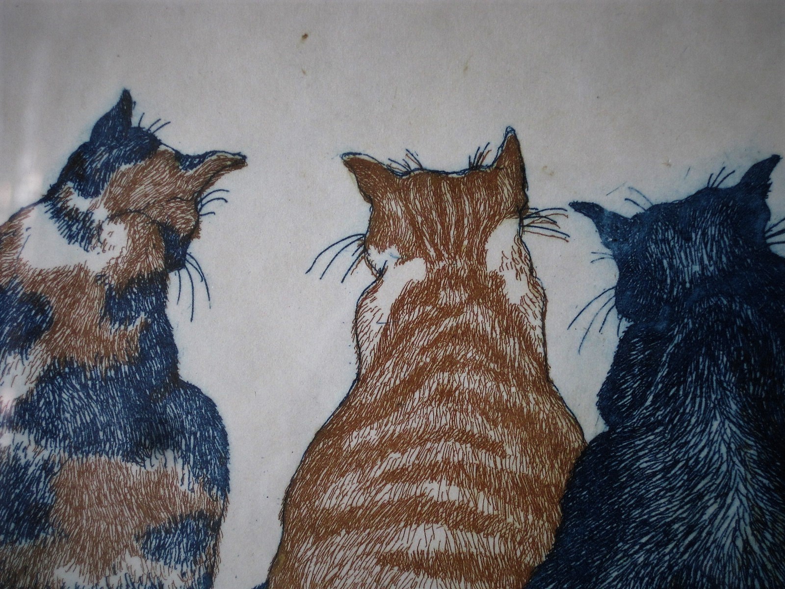 Saskia Heuer - leuke ingekleurde ets "drie poezen" gesigneerd kopen? Bied vanaf 1!