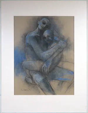 Peter Harskamp - Krijttekening, Vrouw met kind - Ingelijst kopen? Bied vanaf 1!