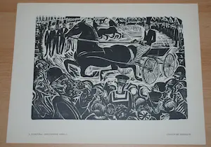 Johan Dijkstra - lot van 2: houtsnede Concours Hippique & ingelijste litho kerk te Noordbroek kopen? Bied vanaf 60!