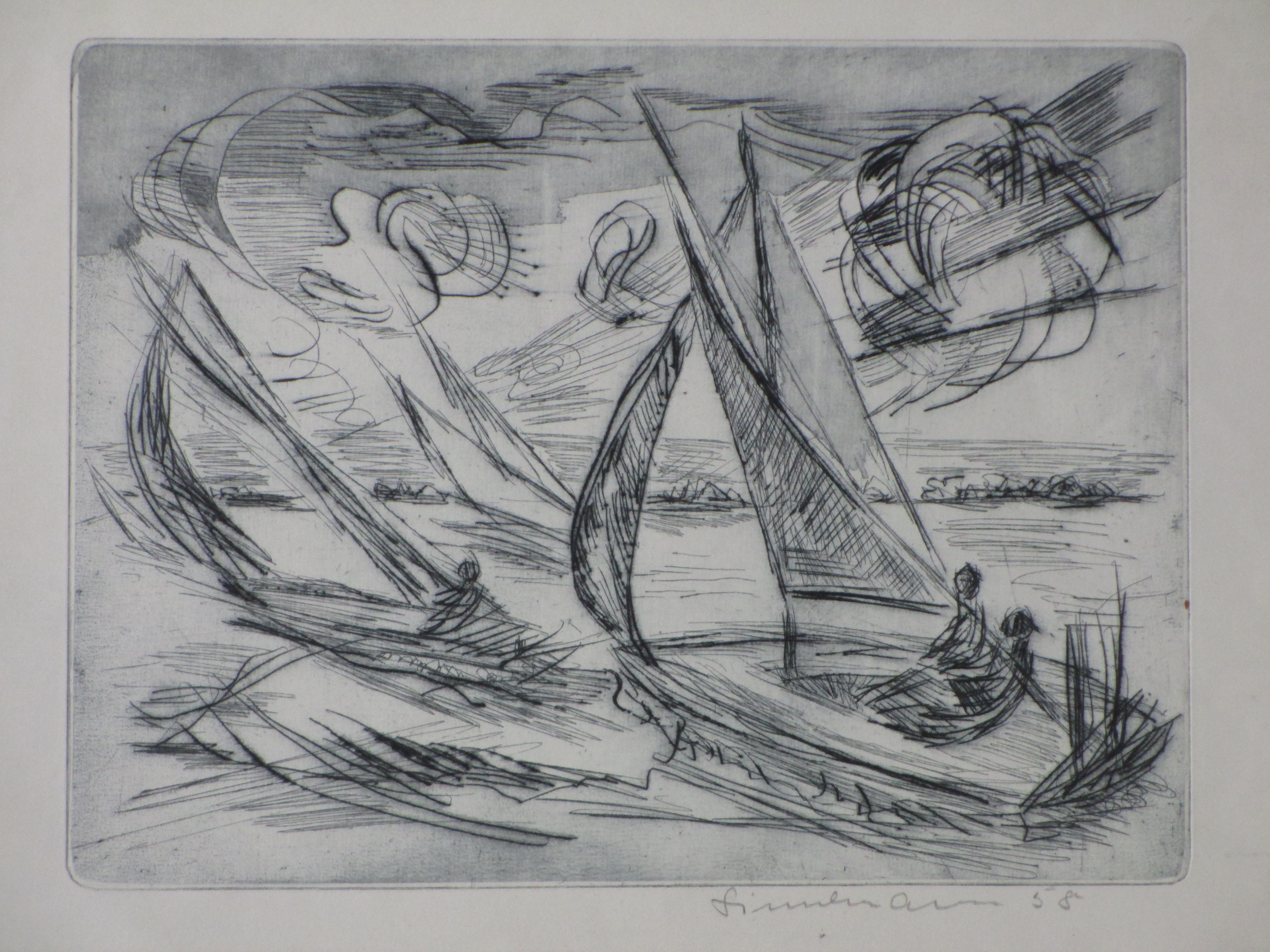 Niet of onleesbaar gesigneerd - Zeilboten op de plas - Ets kopen? Bied vanaf 1!