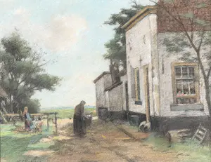 Johannes Cornelis Pabst - 1853-1944. Boerderij met boerin en kind pastel kopen? Bied vanaf 225!