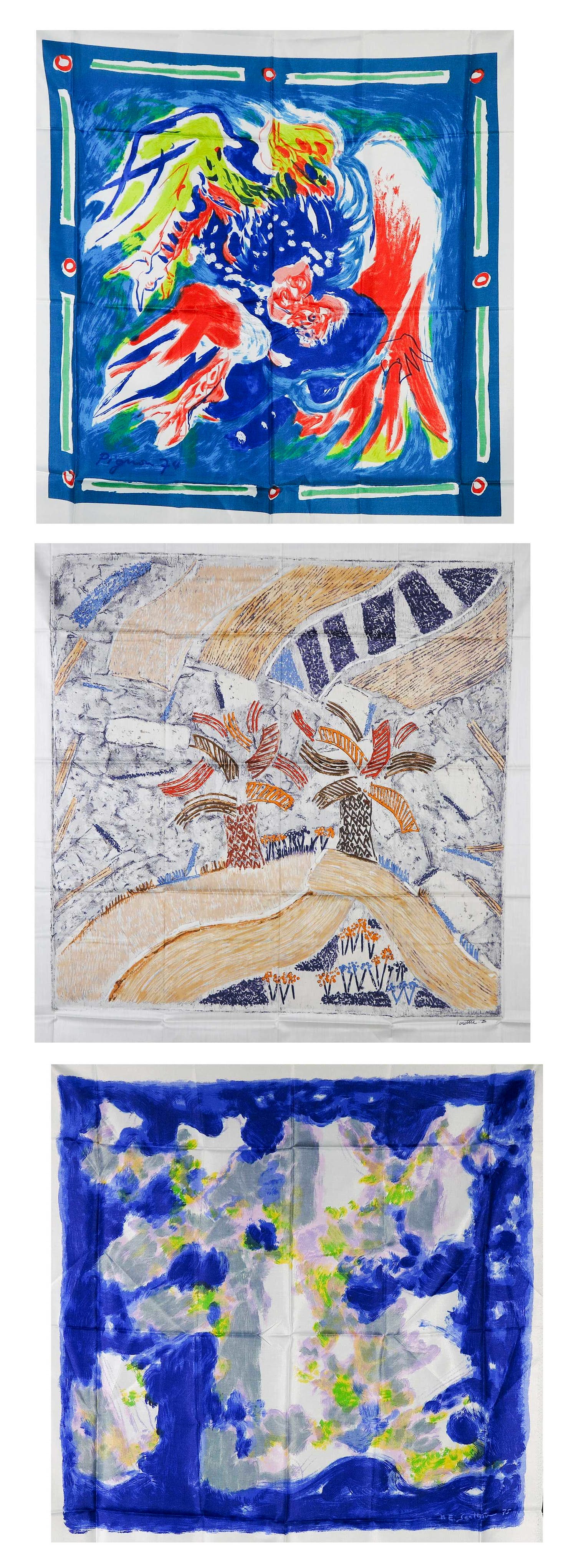 Maurice Elie Sarthou - Eduard Pignon + Louttre B., Lot van 3 zeefdrukken op viscose/katoenzijde verkocht voor € 1!