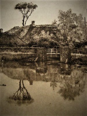 Niet of onleesbaar gesigneerd - Fraaie droge naald Ets "boerderij aan water" gesigneerd kopen? Bied vanaf 1!