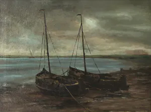 Léon Riket - Olieverf op doek, Aan land getrokken bomschuiten - Ingelijst kopen? Bied vanaf 600!