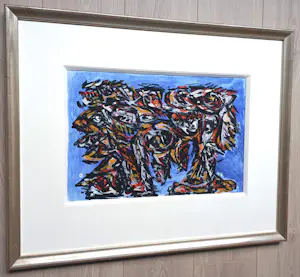 Theo Wolvecamp - Compositie met figuren, gemengde techniek (zeer mooi ingelijst, unica!) kopen? Bied vanaf 2495!