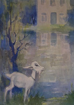 Harrie van Rosmalen - Aquarel - Geitje bij wit huis in landschap aan plas kopen? Bied vanaf 40!