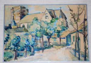 Wim Suermondt - Thorn, Limburg, stadsgezicht met kerk, 1952 verkocht voor € 65!