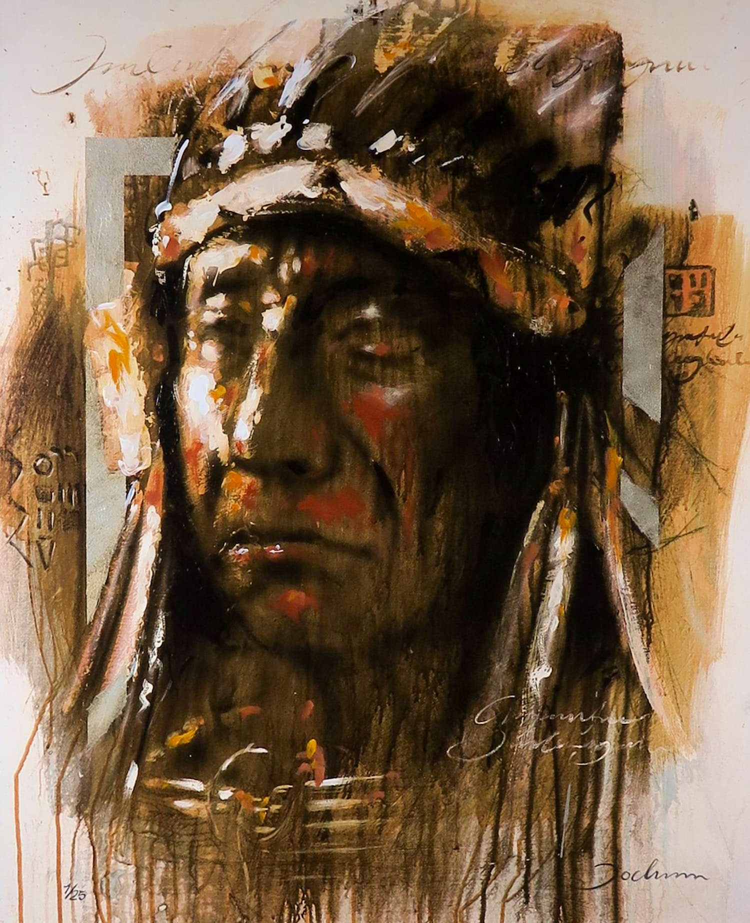 Jochum Bakker - Zeefdruk op doek (handbewerkt), Indiaan (Groot) verkocht voor € 60!