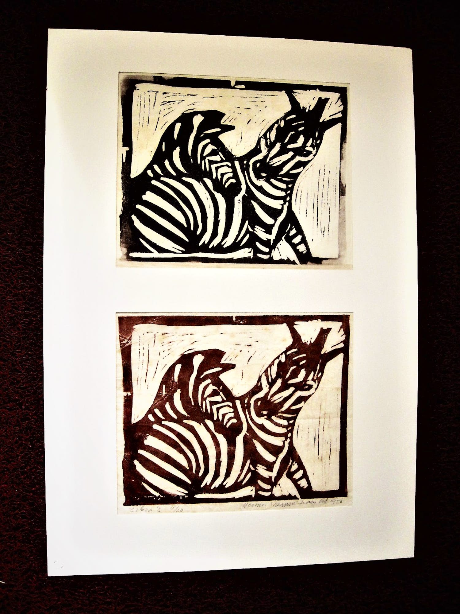 Herman Stammeshaus - Vroeg (1956) dubbele rood & zwarte Inkt Houtsnede "Zebra's" Zeer kleine oplage! verkocht voor € 43!