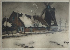 Tjeerd Bottema - Kleine ingelijste kleuren-ets , Molentje in de sneeuw – ca. 1927 kopen? Bied vanaf 35!