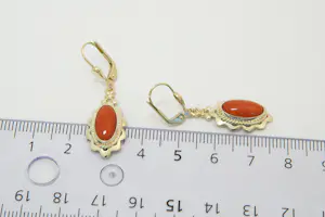 11- Elegant paar 14krt gouden oorhangers met ovalen bloedkoraal stenen kopen? Bied vanaf 170!