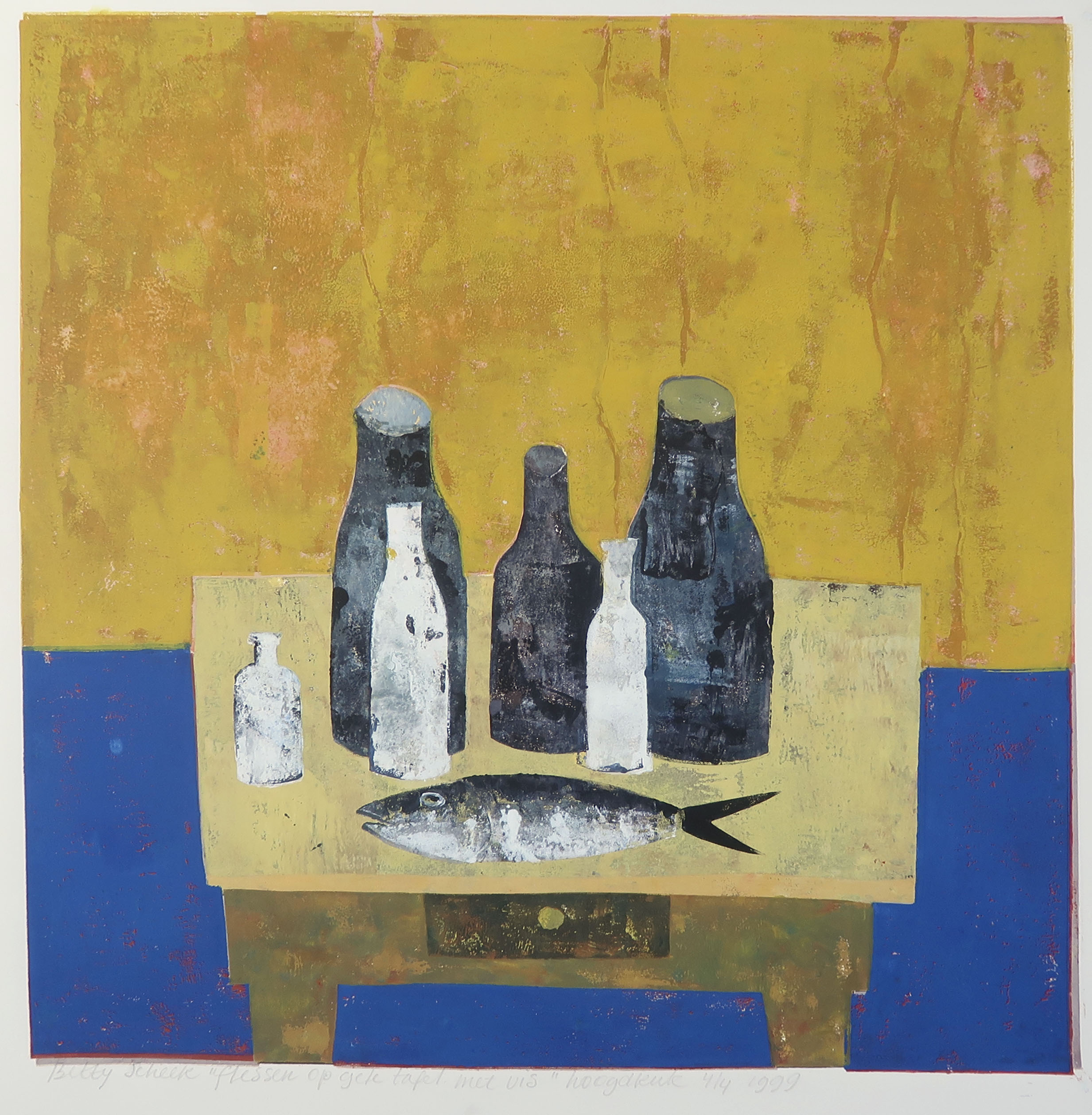 Betty Scheer - Linosnede, Flessen op gele tafel met vis kopen? Bied vanaf 35!