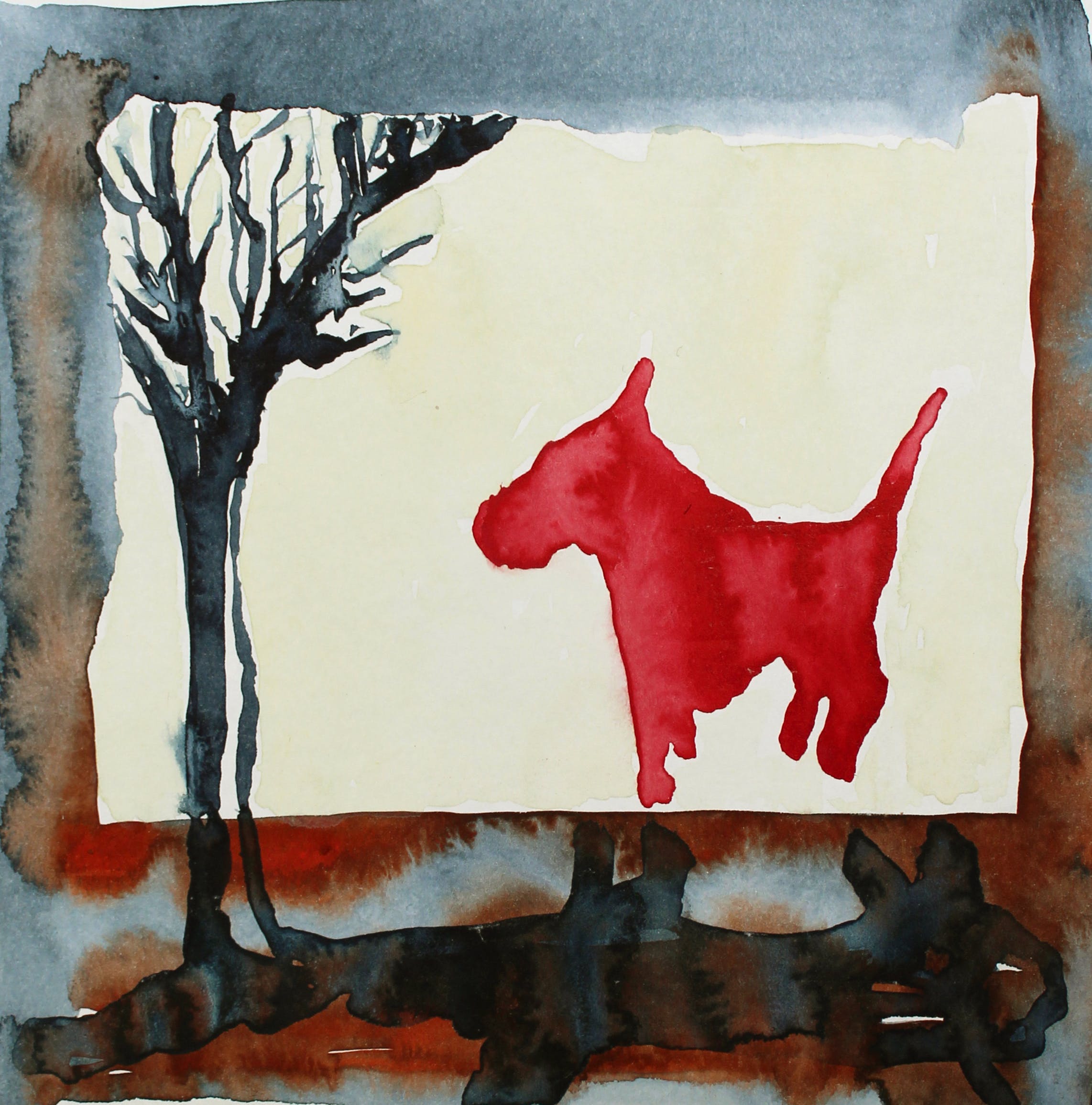 Ad van Riel - Red dog with tree (1) verkocht voor € 35!