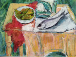 Betty Scheer - Compositie met schaal peren, bloemkool en vis (73 x 87 cm) kopen? Bied vanaf 50!