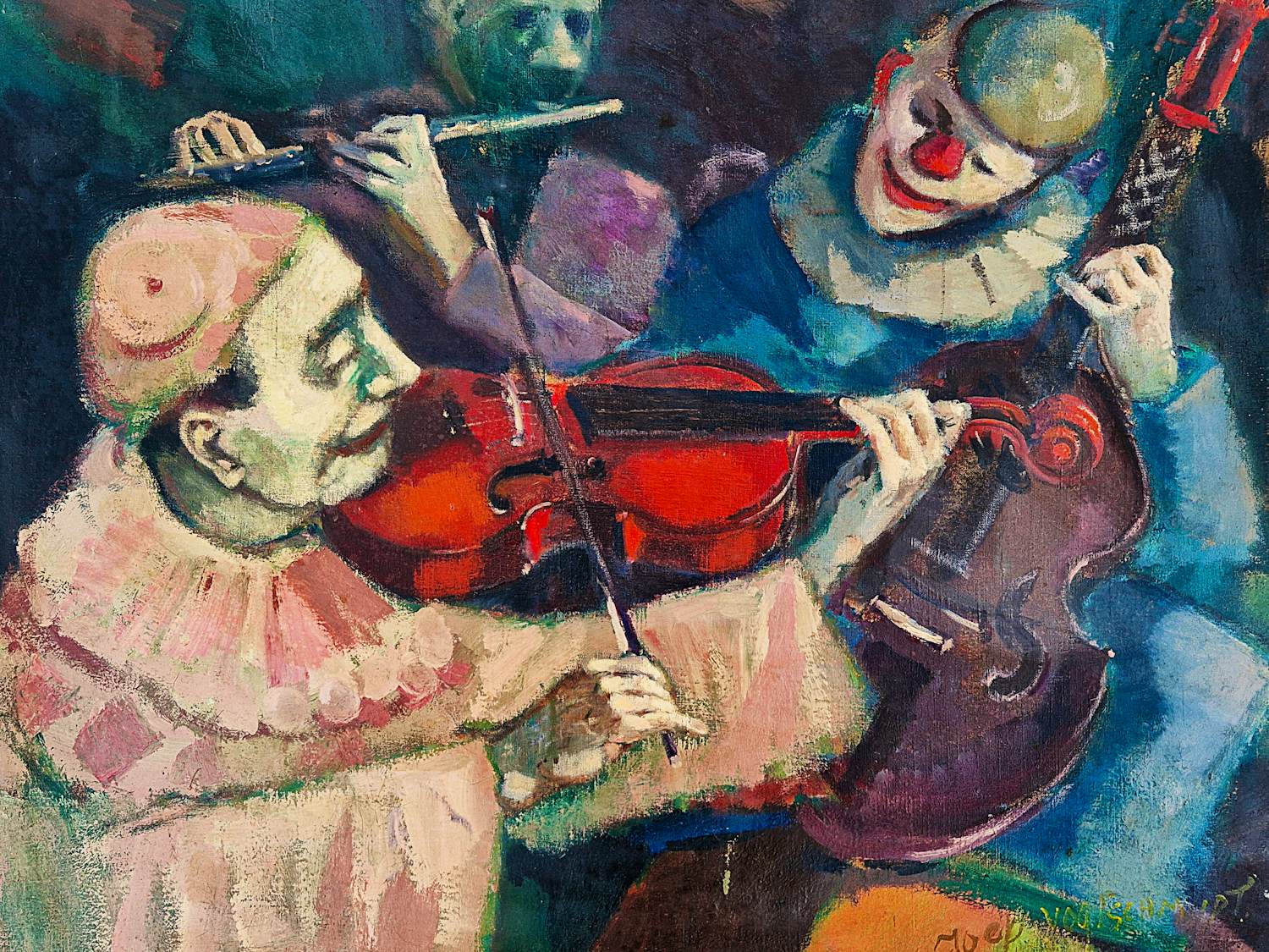 Joep Vogtschmidt - Groot jaren 50 olieverf op doek schilderij "musicerende clowns" gesigneerd verkocht voor € 81!