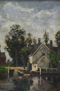 Jan van Rhijnnen - olieverf op paneel - landschap met huis en aanlegsteiger verkocht voor € 170!