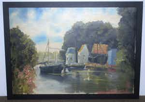 Jan Kelderman - Edam haven met scheepswerf - groot olieverfschilderij, ingelijst verkocht voor € 60!