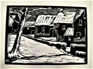 Han Krug - Mooie - omstreeks 1925 gemaakte Houtsnede "Winters dorp" - gesigneerd kopen? Bied vanaf 29!