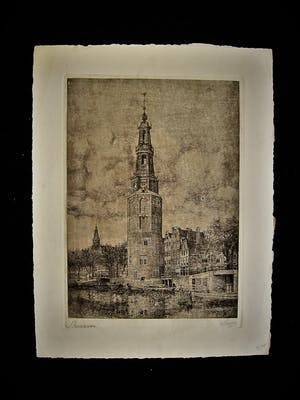Niet of onleesbaar gesigneerd - Mooie sfeervolle ETS Amsterdam "Montelbaanstoren" ca. 1930 gesigneerd kopen? Bied vanaf 10!