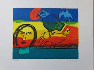 Corneille - Vrouwenhoofd met kat en vogels op kleurrijke achtergrond kopen? Bied vanaf 100!
