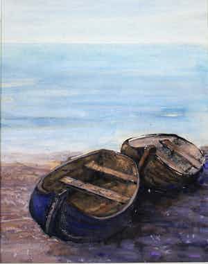 Jan Visser - aquarel op papier - zeegezicht met 2 bootjes verkocht voor € 39!