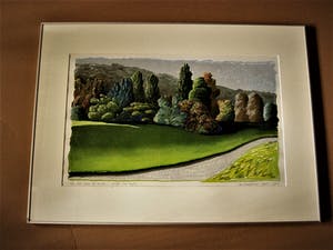 Erna van Mondfrans - Magnifiek pointillistisch Pastel "Landschap Arriege Frankrijk" gesigneerd - kopen? Bied vanaf 40!