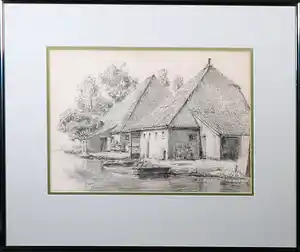 Frans Mars - Houtskooltekening, Twee hutten aan het meer - Ingelijst verkocht voor € 35!