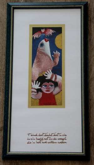 Ans Wortel - Ingelijste gouache: "t Kind dat dacht dat 'n vis..." kopen? Bied vanaf 225!