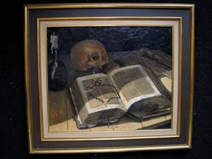Niet of onleesbaar gesigneerd - Omstreeks 1900 geschilderd Vanitas stilleven met schedel, bijbel en rozenkrans kopen? Bied vanaf 10!
