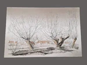 Czanara - een bijzondere handgekleurde Ets op textiel "Limburgs heuvelland" gesigneerd kopen? Bied vanaf 48!