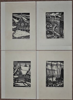 Andre van der Vossen - Complete vrij zeldzame serie van 10 houtsnedes met vissersplaatsen in Nederland kopen? Bied vanaf 275!