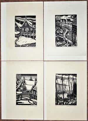 Andre van der Vossen - Complete vrij zeldzame serie van 10 houtsnedes met vissersplaatsen in Nederland verkocht voor € 275!