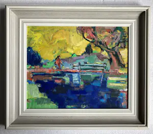 Niet of onleesbaar gesigneerd - Olieverf op canvas - Landschap met fietsende vrouw kopen? Bied vanaf 1!