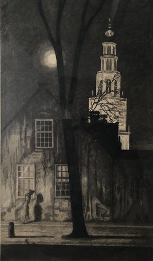 Arend Hendriks - LAATSTE KEER: Verlichte Martini-toren te Groningen - ets met aquatint kopen? Bied vanaf 75!