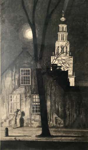 Arend Hendriks - LAATSTE KEER: Verlichte Martini-toren te Groningen - ets met aquatint verkocht voor € 75!