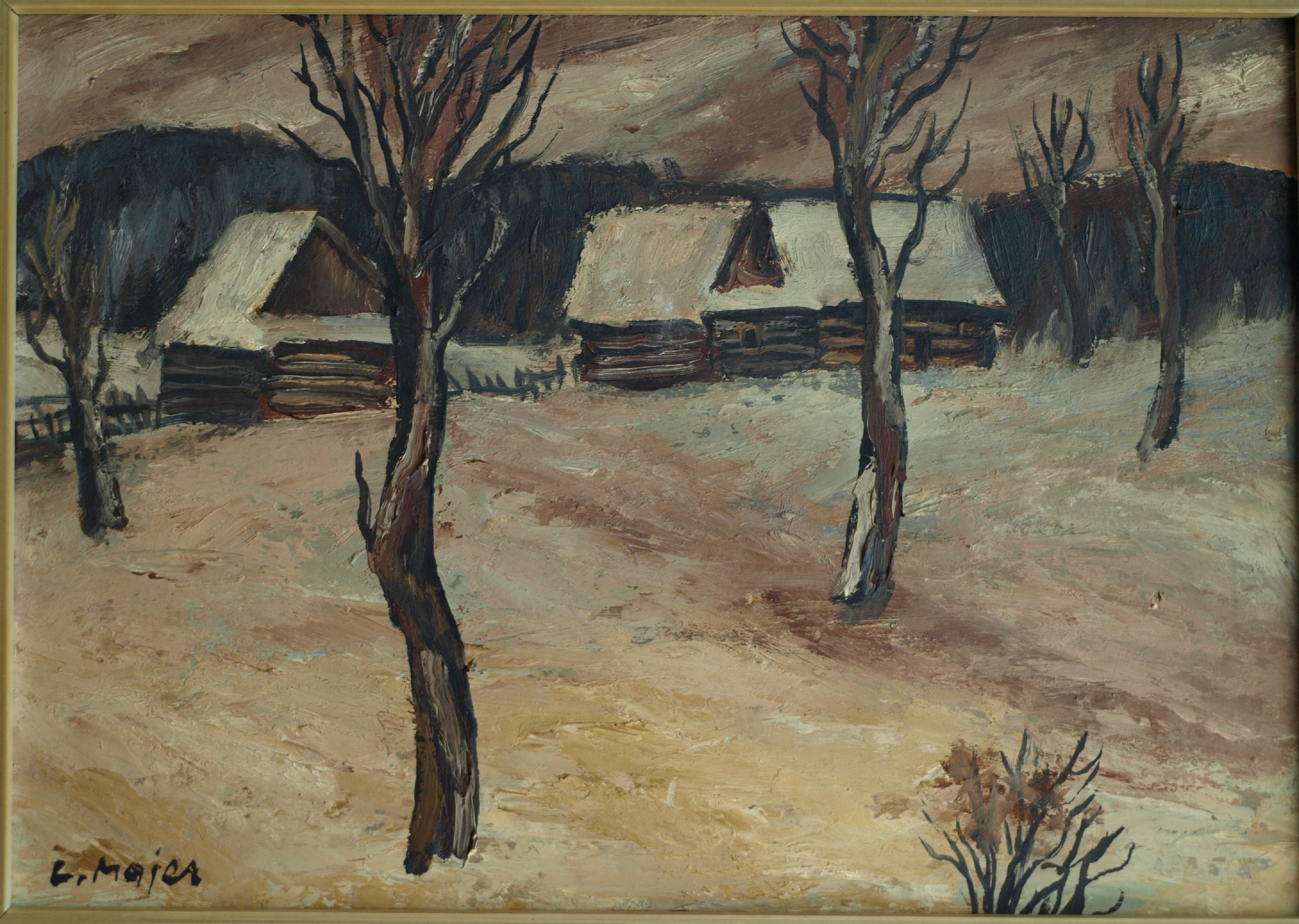 Luděk Majer - Olieverf op paneel, Winterlandschap 3 – gesigneerd & ingelijst – ca 1989 verkocht voor € 1!