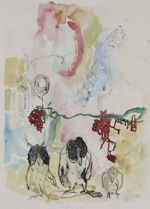 Edith Cammenga - Aquarel, Z.T. Voorstelling met vogelfiguren kopen? Bied vanaf 1!