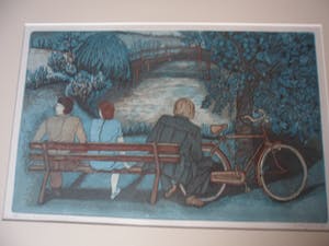 Buy Hetty Brink - Kleuren ets. Titel, "Relaxen in het park". uit 1977.? Bid from 35!