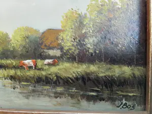 Niet of onleesbaar gesigneerd - 2 fraaie landschapsschilderijtjes met koeien en eenden kopen? Bied vanaf 1!