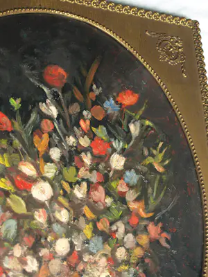Niet of onleesbaar gesigneerd - Ovaal ingelijst , Olieverf op doek , Bloemstilleven – ca. 1950 kopen? Bied vanaf 1!