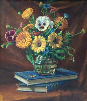 Niet of onleesbaar gesigneerd - C3653-1 - Bloemstilleven met boeken verkocht voor € 10!