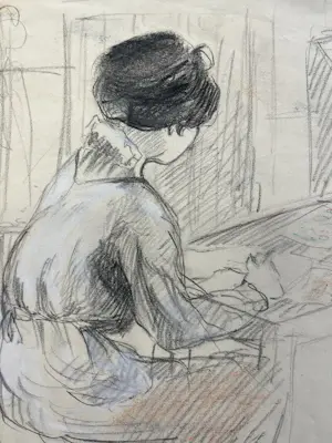 Leo Gestel - De vrouw van de kunstenaar aan het tekenen - met atelierstempel kopen? Bied vanaf 240!