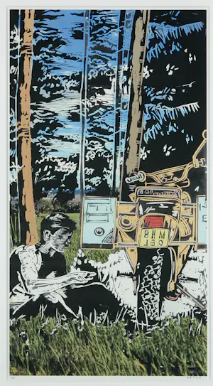 Peter Breevoort - Linosnede op papier, Er op uit ! - Ingelijst kopen? Bied vanaf 35!