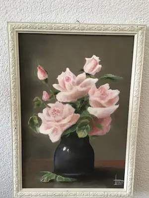 Niet of onleesbaar gesigneerd - Schilderij roze rozen in vaas, gemengde techniek, gesigneerd kopen? Bied vanaf 1!