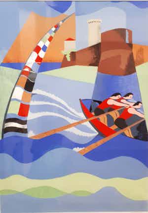 Osvaldo Peruzzi - Regatta op Bütten papier, ingelijst, groot verkocht voor € 60!